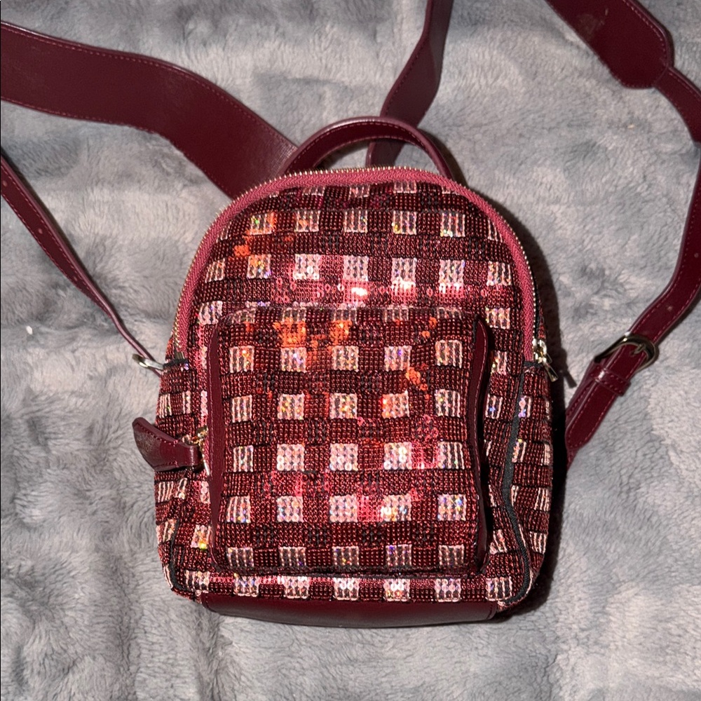 Preloved Pinko Burgundy Mini Backpack with sequins excellent condition 6.5”Wx 9”